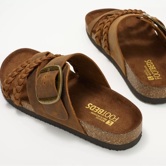 White Mountain Brown Leather Sandals Braided Straps Large Brass Buckle SZ 6 - Picture 14 of 14